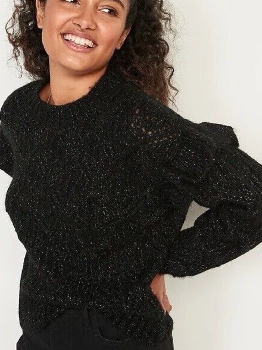 Old Navy Black Knit Puff-Sleeve Crewneck Sweater wool Metallic Blend whimsigoth